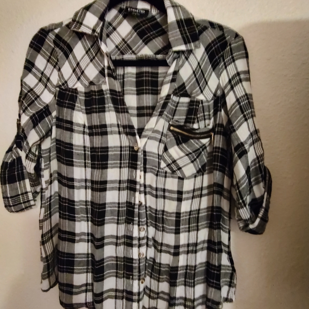 Bebe Black and White Plaid Shirt